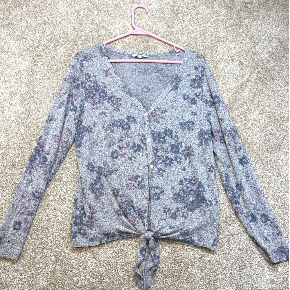 Lucky Brand Womens Gray Floral Tie Front Button Up Cardigan Sweater Large Boho L